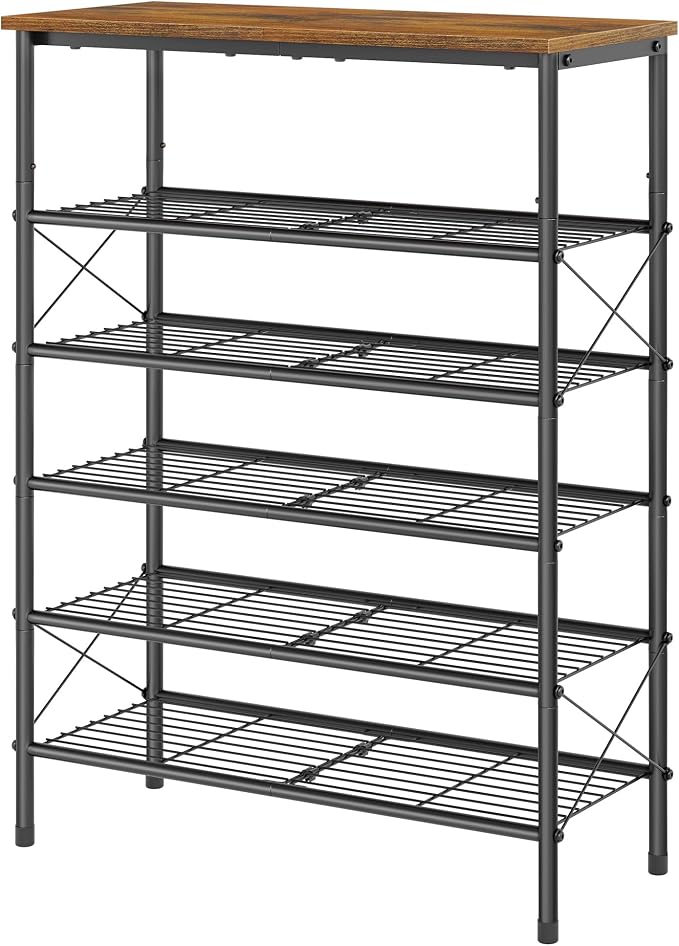 6 Tier Shoe Rack for 20-24 Pairs of Shoes, Rustic Brown & Black | Sturdy & Durable, X Shape Fixed Frame, Metal Mesh Shoe Shelf, Industrial, For Closet, For Entryway Shoe Storage