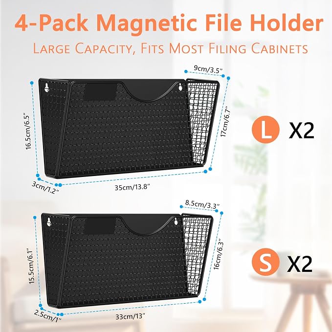 MFTEK Magnetic File Holder, 4 Pockets Magnetic File Folder Holder No Drilling Magnet Paper Mail Organizer Magazine Basket, Hanging Wall Storage Rack for Fridge Cabinets Office Classroom