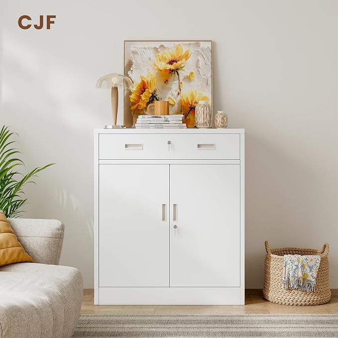 CJF Metal Storage Cabinet, Locking Storage Cabinet with 1 Drawer and Adjustable Shelf, 36" H x 28" W x 16" D White Metal Cabinets for Office, Home, Garage