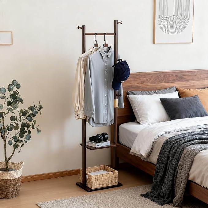 SOBIBO Clothes Rack Solid Wood Coat Rack with Shelves and Hooks – Garment Clothing Rack Coat Rack with Storage for Hallway, Bedroom, Living Room, 15.75 inch, Walnut
