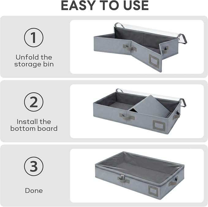 4" Low Profile Under Bed Storage Bins (3-Pack, Grey), Slim 600D Oxford Fabric Clothes Organizer Box with Reinforced Leather Handles, Sturdy Clear Lid