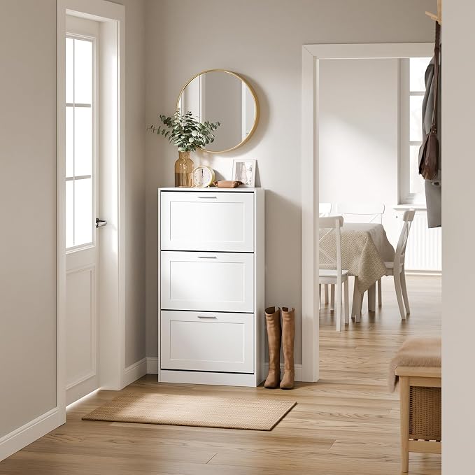 Haotian Shoe Cabinet Storage for Entryway | Narrow Shoe Cabinet with Three Flip Drawers to Save Space, Shoe Rack Cabinet for Entrance Hallway (White)