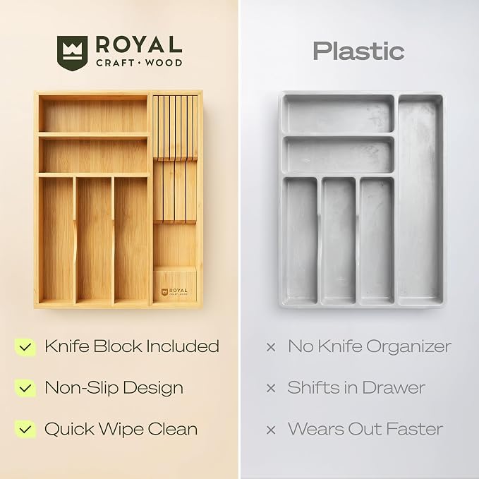 Drawer Organizer with Knife Block for Kitchen Organization, Bamboo Silverware Drawer Organizer, Compact Bamboo Cutlery Tray for Flatware and Utensils, Removable 7-Slot Knife Block for Kitchen Drawers