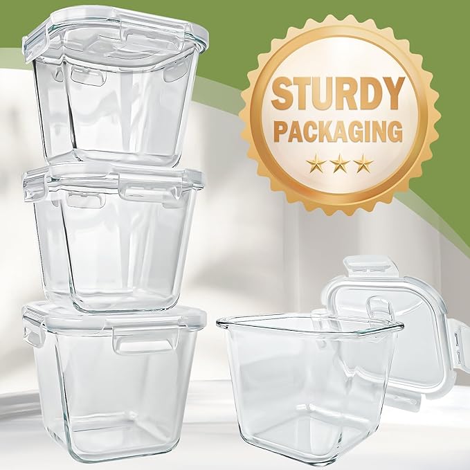 Borosilicate Glass Soup Containers with Lids, 4 Cup/32 oz, 4 Pack | Microwave Dishwasher Oven Freezer Safe | Airtight Leak Proof | Food Grade | Square Soup Meal Prep | Lunch | Food Storage Set