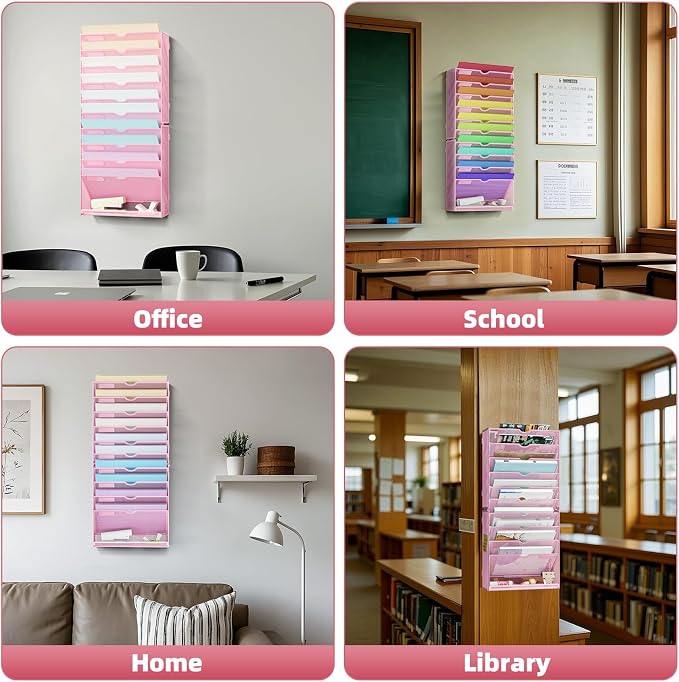 Marbrasse Wall File Holder 11-Tier Hanging Wall File Organizer, for Papers, Files Clipboard & Magazine Organizer, Wall Mount File Holder Great for Office Home (Pink)