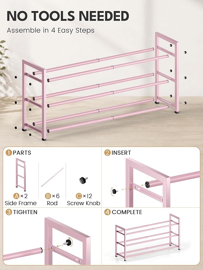 Bumusty 3 Tier Expandable Shoe Rack for Closet, Pink | 18"-33" Adjustable Shoe Rack for Entryway, Small Shoe Organizer for Dorm, Front Door, Sturdy Metal