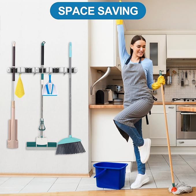 IMILLET Broom Holder Wall Mount Stainless Steel Mop Organizer | 5 Racks 4 Hooks Heavy Duty Garage Organization Storage,Broom and Mop Organizer Wall Hanging Self Adhesive for Laundry Room