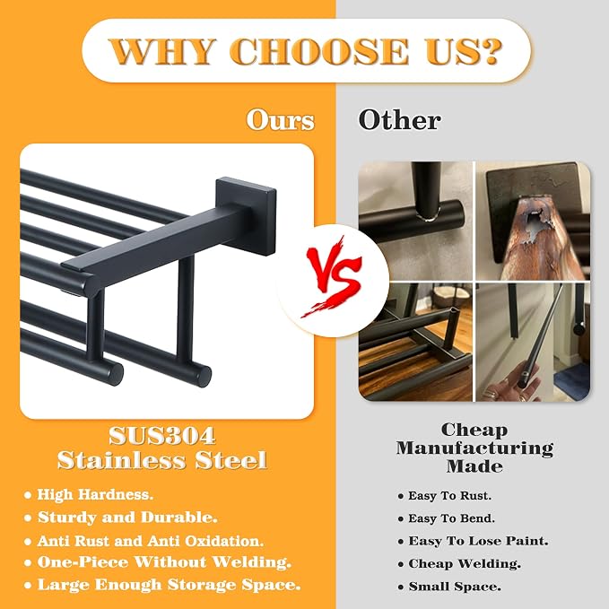 Alise Double Towel Rack for Bathroom Wall Mounted 16 Inch,Matte Black | Bathroom Tower Holder Towel Shelf with Double Towel Bars,SUS304 Stainless Steel Towel Rack with Shelf for Lavatory Kitchen
