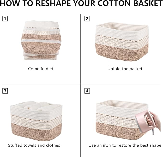 OIASKET 4 Pack Storage Baskets for Organizing, 13"X9"X7.87", Decorative Cotton Rope Baskets for Shelves, Small Woven Basket for Toys, Books and Towels, Brown & White