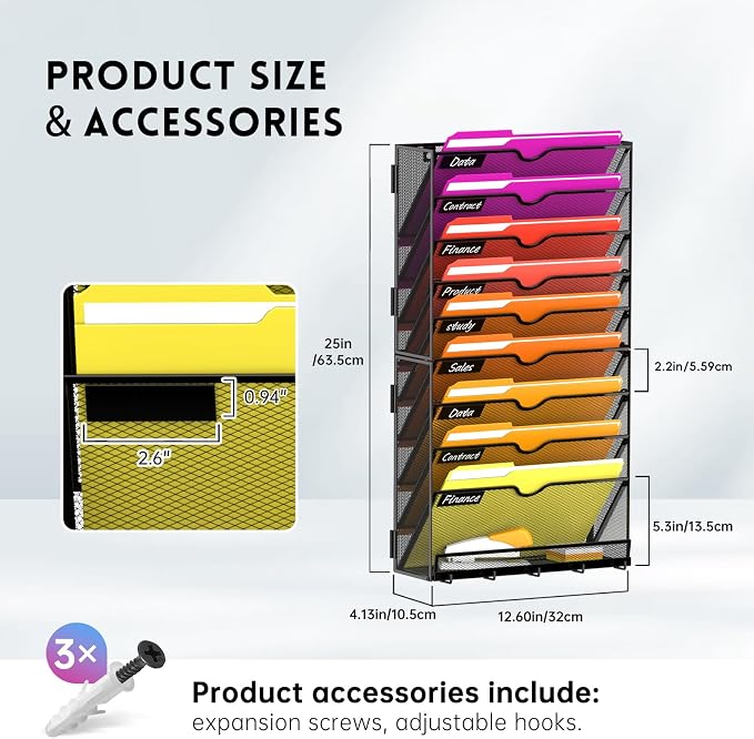 10-Tier Wall File Organizer with Base and Hooks, Hanging Organizer, Black | Wall Organizer and Wall File Holder with 10 Vertical Pockets and Bottom Tray for Files, Mail, Folders, Magazines and Paper