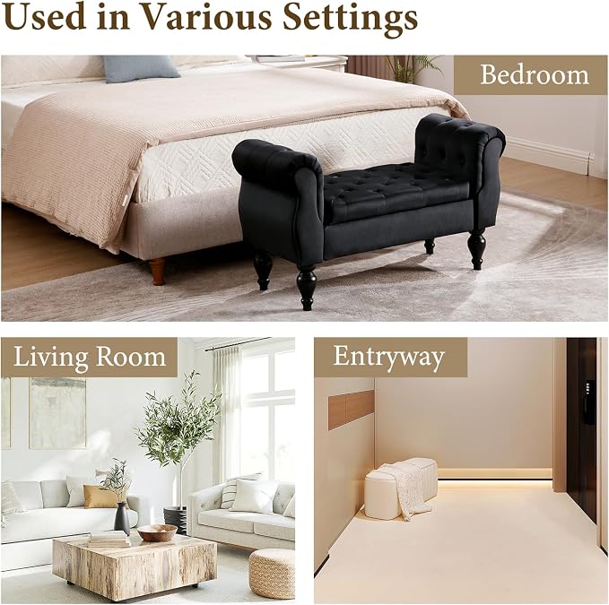 Storage Bench with Arms End of Bed Bench,Velvet Entryway Bench with Storage, Button Tufted Upholstered Ottoman Bench Wood Legs, Window Sitting Bench for Bedroom/Living Room/Hallway, Black