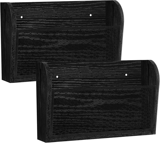 YINMIT 2 Packs Wall File Organizer, Single Pocket Wall File Holder | Wood Hanging File Organizer, Mail Holder for Wall, Wall Mount Paper Folder Rack for Office and Home, Black