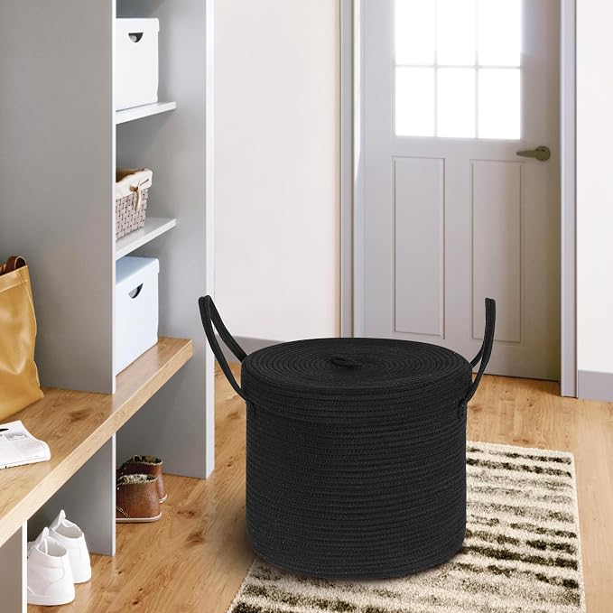 15" X 13" Large Black Basket with Lid, Cotton Rope Storage Basket for Blanket, Toy, Pillow, Towel, Laundry, Wicker Living Room Bedroom Storage Bin, Black Woven Organizing Basket with Cover