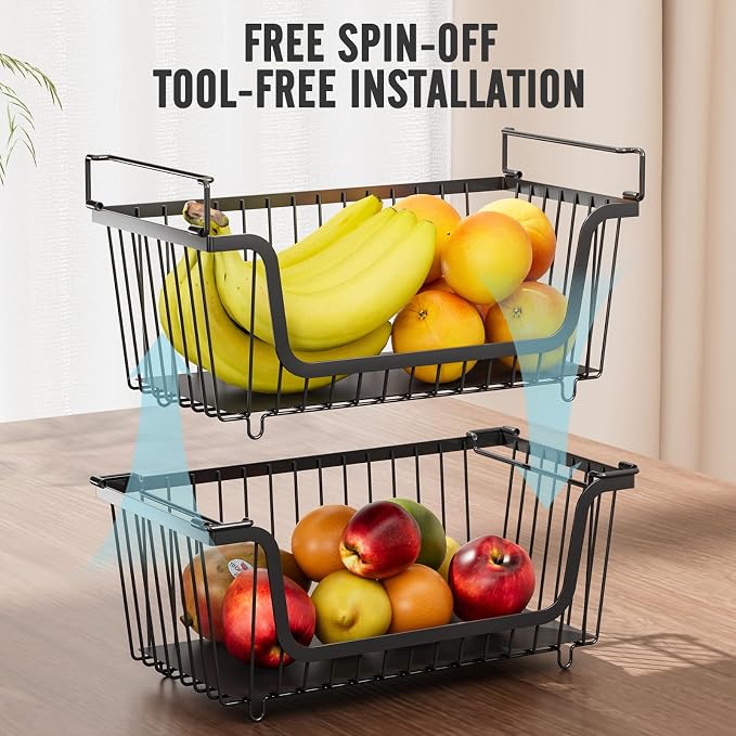 GAOKASE 4 Pcs Stackable Wire Baskets for Pantry Organizers and Storage,Vegetable Fruit Basket for Countertop,Kitchen Storage Metal Baskets,Produce Potato Onion Storage Bin-Black