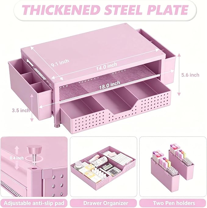 OPNICE Desk Organizers and Accessories, Computer Monitor Stand Riser with Drawer and 2 Pen Holders, Printer & Laptop Stand, Office Desk Accessories & Workspace Organizers for Home Office Supplies, Pink