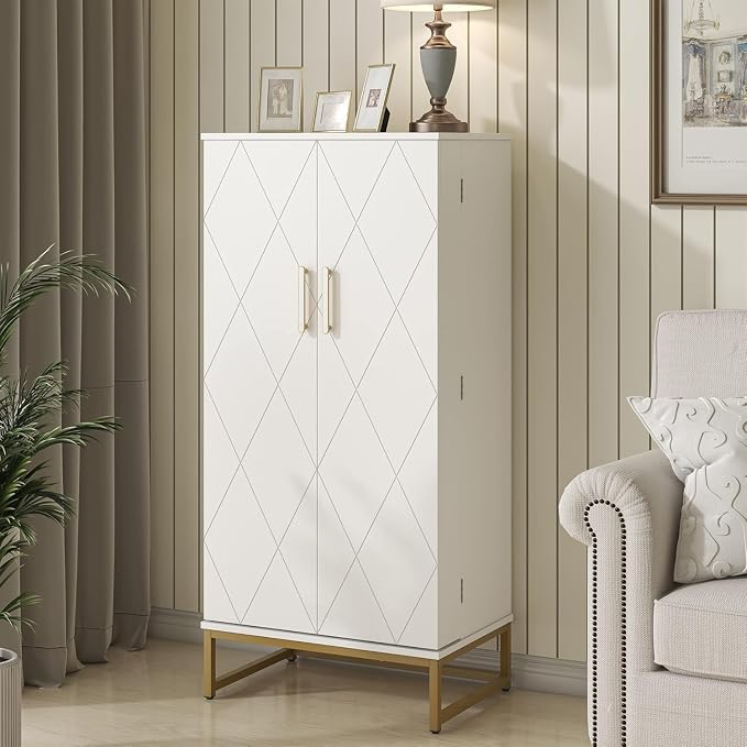 kepptory 51” Kitchen Pantry Storage Cabinet with Diamond Design, White Freestanding Pantry Cabinets with Golden Base and Handles, Buffet Cupboards Cabinet with 6 Adjustable and Large Storage Space