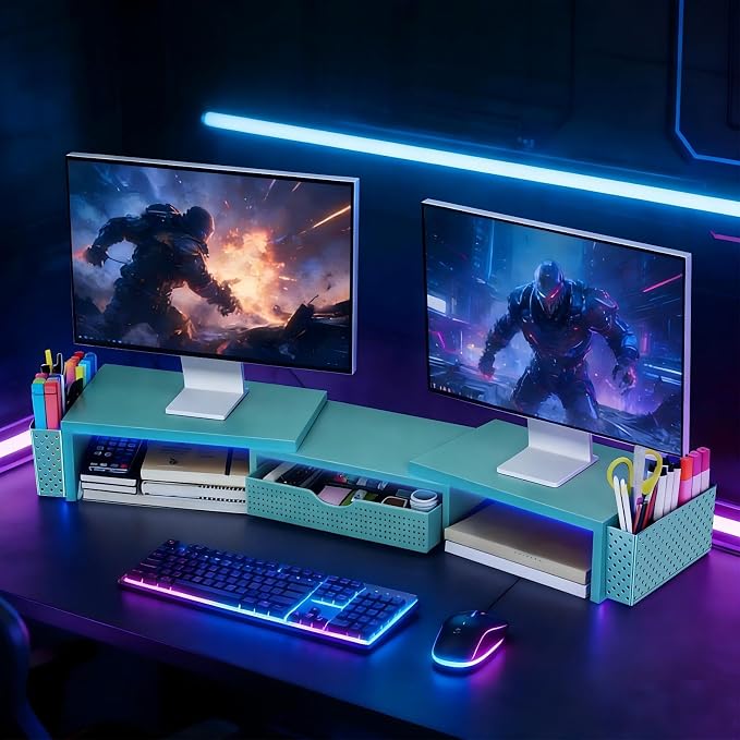 Spacrea Metal Desk Organizers and Accessories, Dual Monitor Stand Riser with Drawer and 2 Pen Holders, Desk Accessories & Workspace Desktop Organizers for Office Supplies (Blue)