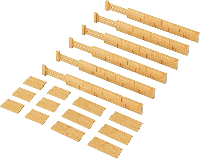kiplant Bamboo Drawer Dividers - Adjustable Drawer Dividers for Kitchen, Clothes, Closet & Office - 6 Pack with Inserts, 18-22.6 Inches, Non-Slip Silicone Ends