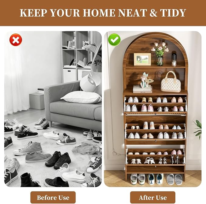 78.7'' Tall Shoe Storage Cabinet for Entryway with 3 Flip Drawers | Arched Design,Hidden Slim Shoe Organizer,Open Storage Shelf, Freestanding Shoe Rack,Large Tabletop Space,Hallway,Walnut
