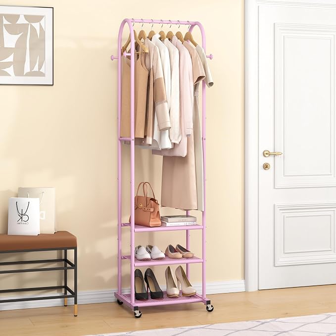 Kaitiemoo Clothing Rack, Mobile Garment Rack with Wheels & 3 Shelves, pink | Heavy Duty Frame, Fits Small Spaces, 71.8 Inches Display Rack, Easy to install, pink clothes rack