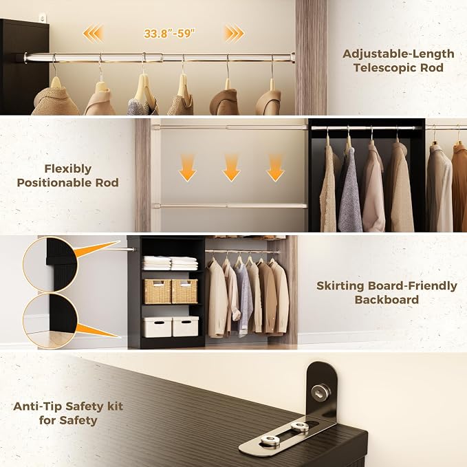 Closet System, 4.5-11.5 Ft Expandable Closet Organizer, Black | 5 Hanging Rods, Walk-in Wood Closet Organizer System with Storage Tower, Heavy Duty Garment Rack Wardrobe for Bedroom