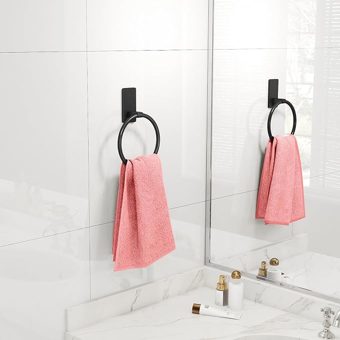 STWWO Black Hand Towel Holder for Bathroom, Adhesive Towel Rings, 2 Pack | Self Adhesive Round Towel Holder for Bath RV Kitchen, No Drill Hole