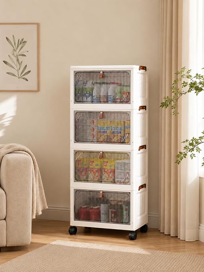 4-Tier 24QT Rolling Storage Cabinet with Wheels,Clear Magnetic Doors, Stackable Plastic Pantry Organizer for Kitchen, Living Room, Bedroom & Office