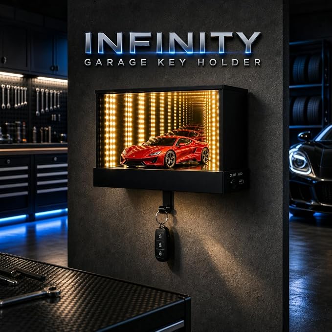 LED Key Holder for Wall, 1 Pc Magnetic Garage Display | Rechargeable motion-sensing light, infinity mirror effect, wall mount, entryway or garage decor
