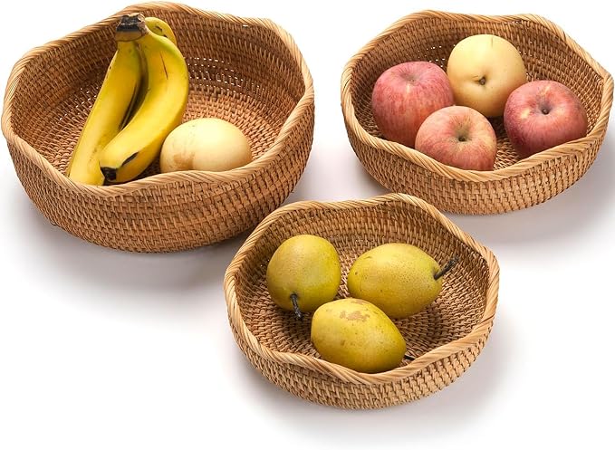 Rattan Bread Basket, Hand Woven Fruit Basket, Wicker Serving Basket Bowl, Decorative Baskets for Kitchen Counter Organizing, Set of 3 (Wave)