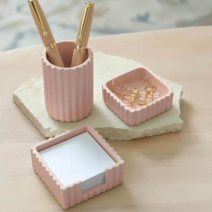 Aesthetic Desk Organizer Set of 3 For Your Office - Sturdy Concrete Desktop Accessories For Women Enhance Any Office Decor - Set incl. Pen Holder, Paperclip Storage & Sticky Note Holder for Teacher