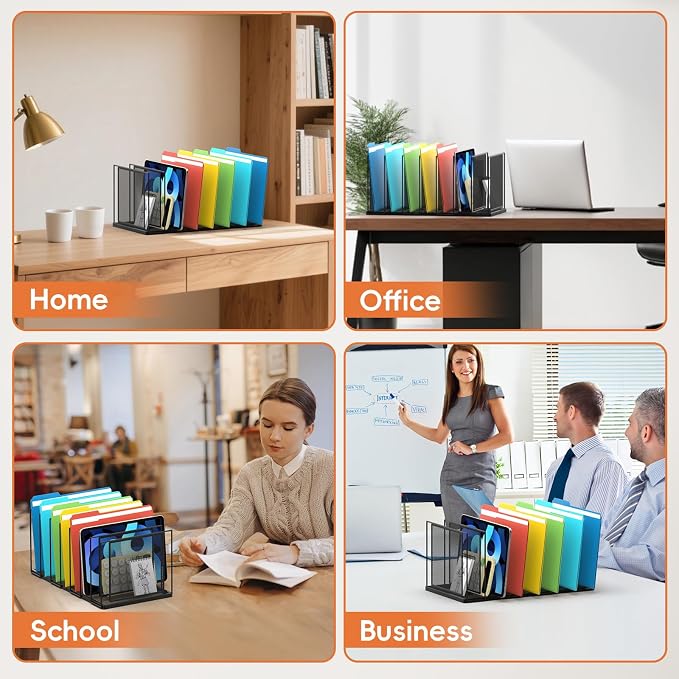 File Organizer For Desk, 7 Section Metal Desktop File Sorter, Black | Desk file organizer, connectable 7 section design, 2.17 in spacing, vertical folder storage for home office and classroom