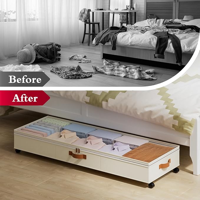 Yecaye 85 L Under Bed Storage with Wheels, 2 Pack Under Bed Storage Containers with Adjustable Dividers & Lids, Large Rolling Underbed Organizer Bins Drawers for Clothes, Shoes, Blankets Toys, Beige