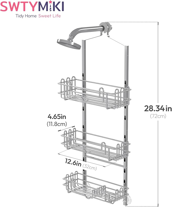 SWTYMIKI Shower Caddy Hanging Organizer - 3-Tier Rustproof Shower Organizer Over Showerhead with Adjustable Baskets, 24 Hooks, Soap & Razor Holder - No Drill Large Bathroom Storage Rack, Silver