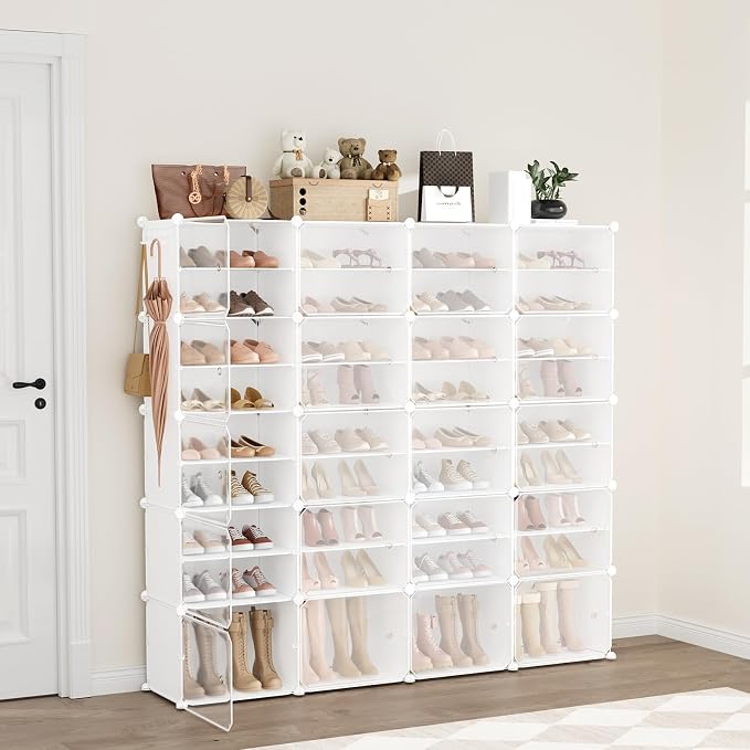Portable Shoe Rack Organizer with Door, 80 Pairs Shoe Storage Cabinet Easy Assembly, Plastic Adjustable Shoe Storage Organizer Stackable Detachable Free Standing DIY Expandable 10 Tier White