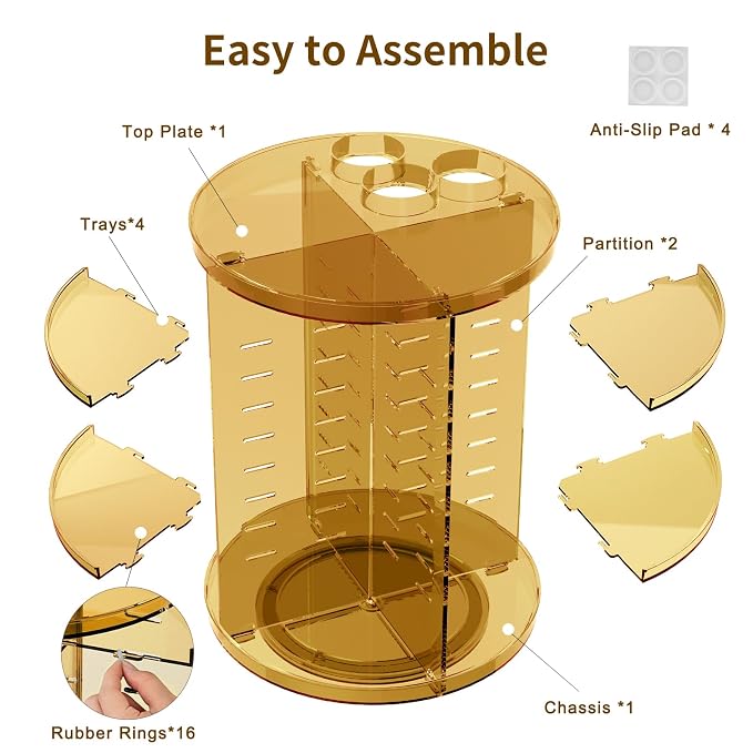 Rotating Makeup Organizer, DIY 8 Adjustable Layers Spinning Skincare Storage, Cosmetic Display Case with Brush Holder and Perfume Tray, Multi-Function Vanity Bathroom Countertop Organizer Clear Gold