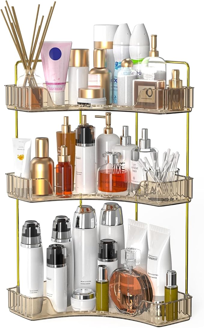 Webetop 3 Tier Corner Bathroom Organizer Countertop for Skincare & Dresser | Multi-Purpose For Toiletries/Perfume, Easy Wipe-Clean Surface, Stable Triangular Base, Generous Shelf Depth, Modern Look