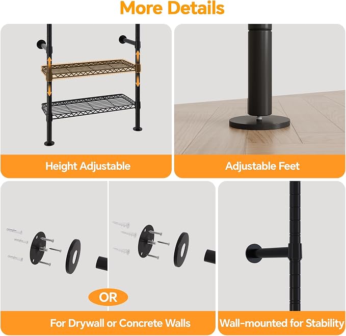 Higeego W3 Wall Mounted Clothes Rack, Industrial Pipe Clothing Rack, Black | Closet Rack Wall Mounted, Expandable Hanger Rods, Adjustable Closet Shelving, Heavy Duty Clothes Rack, Closet Organizer