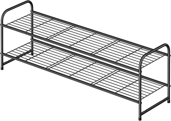 2 Tier Shoe Rack for Closet, 44 Inch Extra Wide Shoe Storage Organizer for Shelves, Heavy Duty Metal, Easy Assembly, Black