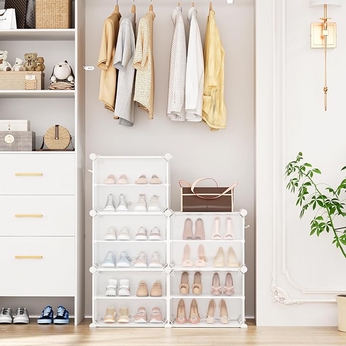 Shoe Rack 10 Tier Shoe Storage Cabinet with Door 20 Pair Tall Shoes Rack Organizer Free Standing Expandable Stable Plastic Easy Assembly Shoes Shelf for Closet Hallway Entryway Bedroom White