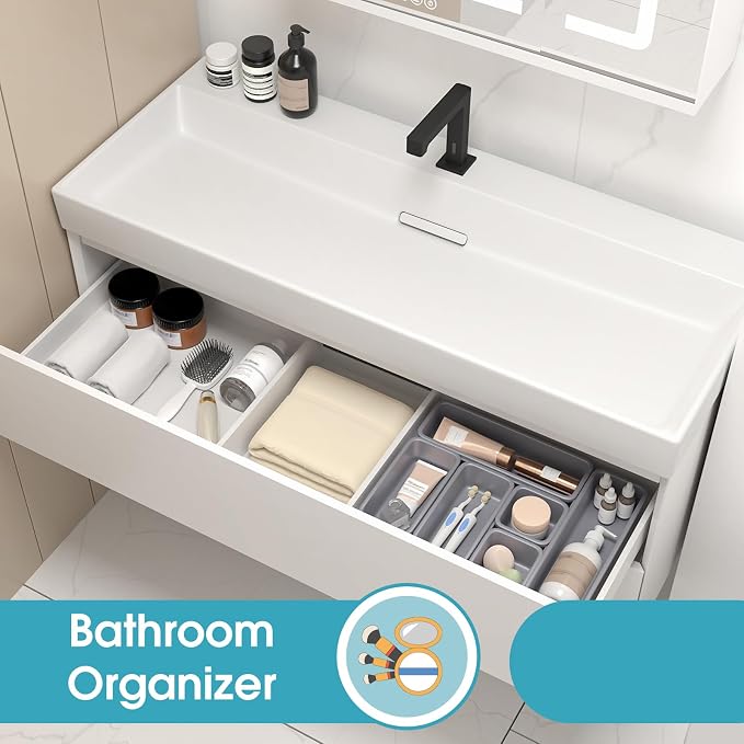 6 PCS Drawer Organizer Set, 3 Size Makeup Drawer Divider Organizer With Non-Slip Pads, Interlocking Plastic Storage Bins for Office,Jewelry Vanity,Gadgets, Bathroom,Kitchen, Grey