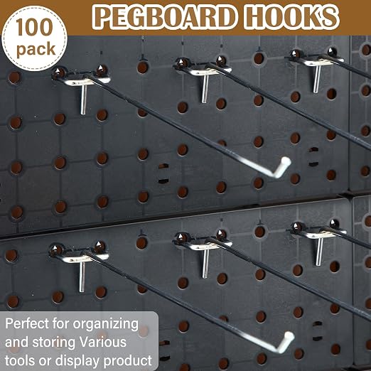 100 Pcs Peg Board Shelving Hooks Stainless Steel Hanging Board Pegs Wall Display Hooks Bulk for 1/8 1/4 Garage Storage Organizer Accessories (10 Inch,Silver)