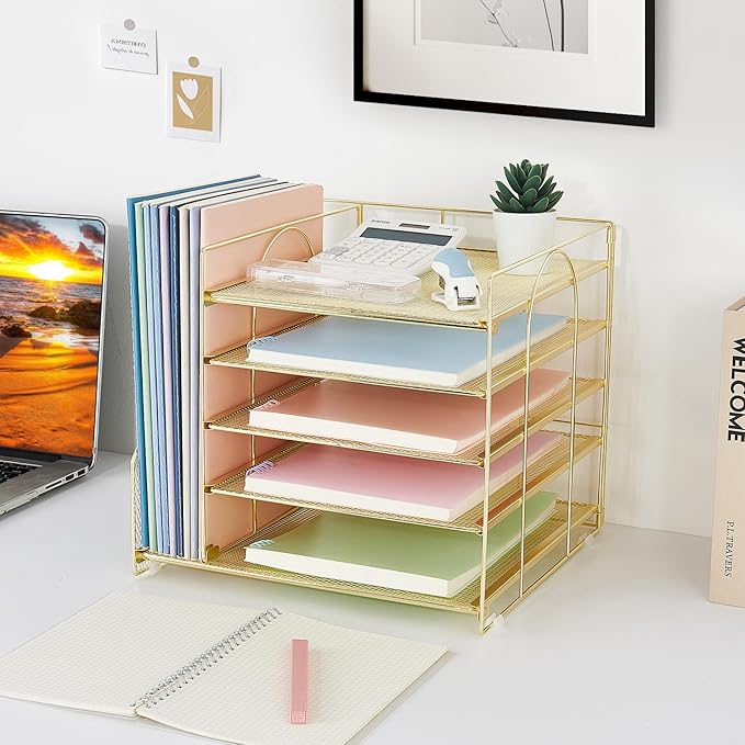 LEKETREE Desk Organizers and Accessories, 5-Tier Paper Letter Tray Organizer with File Holder, Desktop Organizer for Office Supplies (Gold)