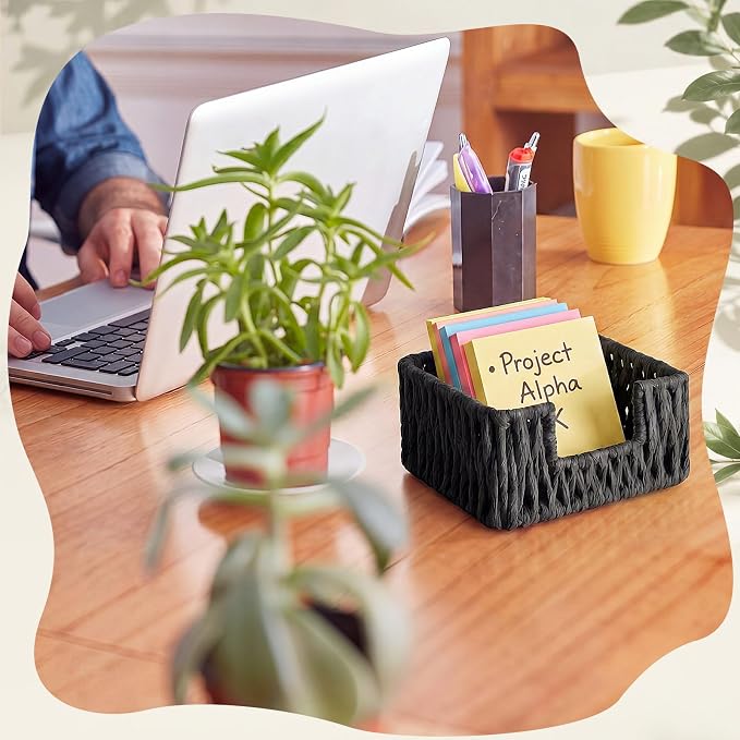Black Paper Rope Woven Desk Organizer Set of 3 Natural Desktop Accessories Pencil Pen Cup Paper Clip Storage and Sticky Note Holder for Women Men Farmhouse Office Home Desktop Table Decor