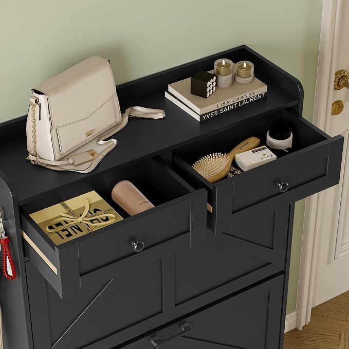 BORNOON Shoe Storage Cabinet for Entryway, Farmhouse Narrow Shoe Cabinet with 3 Flip Drawers & 2 Top Drawers, Adjustable Shelves & Hooks, Freestanding Hidden Rack Organizer for Hallway, Foyer