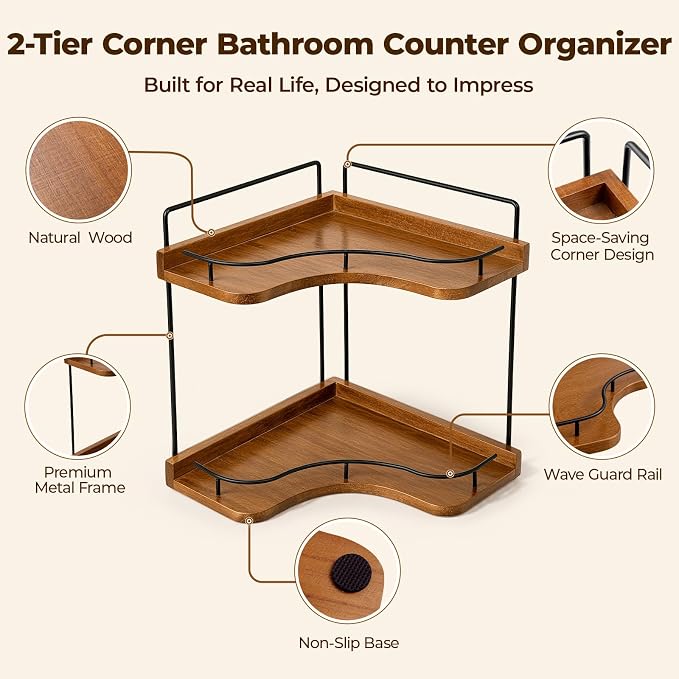 Rofio 2-Tier Corner Bathroom Counter Organizer with Solid Wood Shelf | Natural wood vanity storage rack for skincare & makeup. Fits bathroom, kitchen, bedroom & countertop corners.