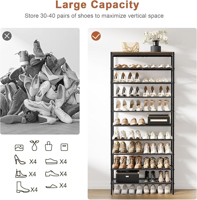 10 Tier Metal Shoe Rack with Wood Top, 30-40 Pairs Rustic Brown | 65.4in tall for max capacity. 3 iron sheets secure heels. Removable shelf for boots. Top displays decor.
