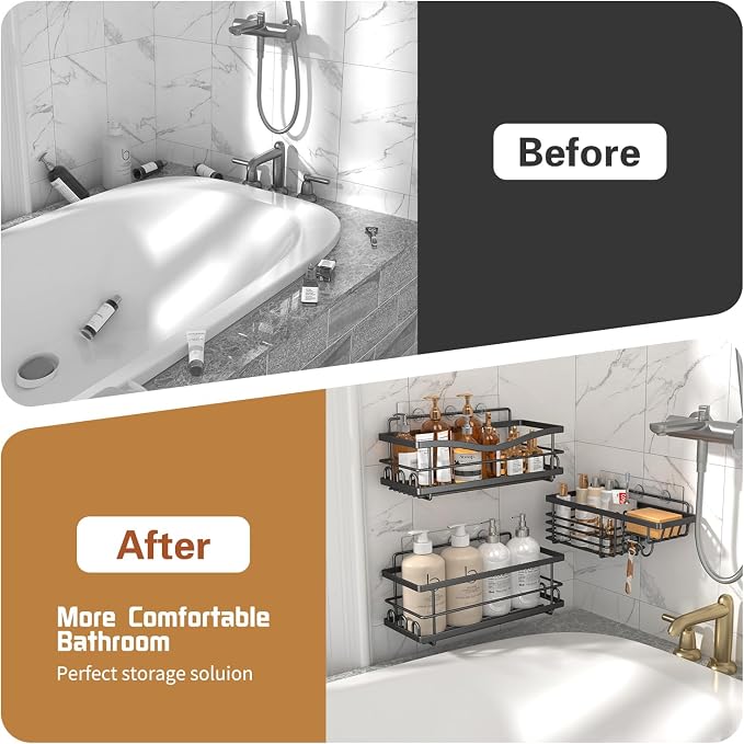 Youvip Shower Caddy, 3 Pack Large Capacity Bathroom Organizers and Storage, No Drilling Adhesive Rustproof Shelves with Soap Holder, Home Decor, Black