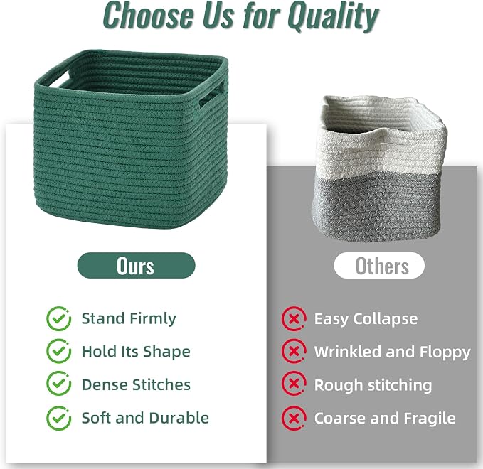 3 Pack Cube Storage Bin, 9”x9”x7” Cotton Rope Woven Baskets for Organizing Toys Clothes Towels, Square Gift Storage Baskets for Shelves, Nursery, Closet, Bathroom, Pantry (Green)