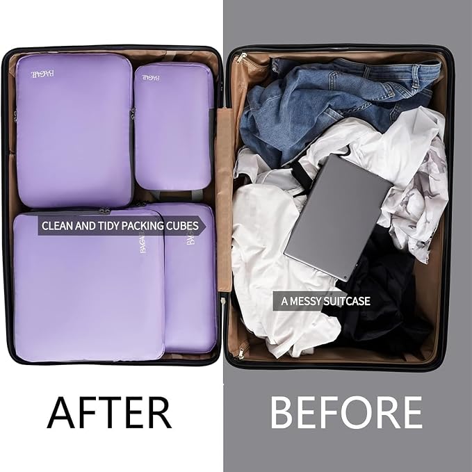 BAGAIL 4 Set/6 Set/8 Set Compression Packing Cubes Travel Accessories Expandable Packing Organizers(Lavender ClothPattern 4 Set)