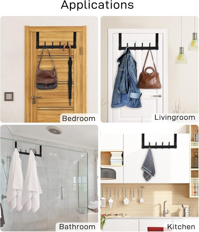 Optish Over The Door Hooks, Door Hanger Hooks for Hanging, Over The Doors Towel Racks for Bathroom with 12 Coat Hook, Coat Rack Bathroom Accessories(2 Pack, Black)